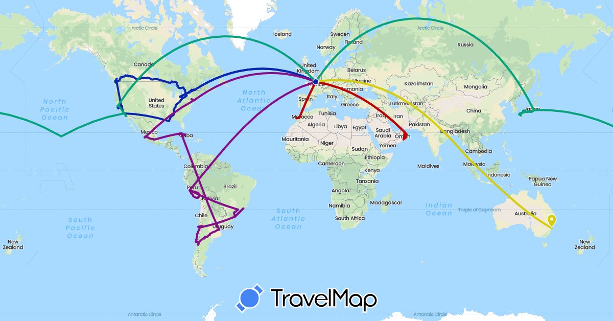 TravelMap itinerary: driving, 2017-2018, 2019-2020, 2022, 2014, 2016-2017 in Argentina, Australia, Brazil, Canada, Chile, Cuba, France, Japan, Morocco, Mexico, Oman, Peru, Thailand, United States (Africa, Asia, Europe, North America, Oceania, South America)